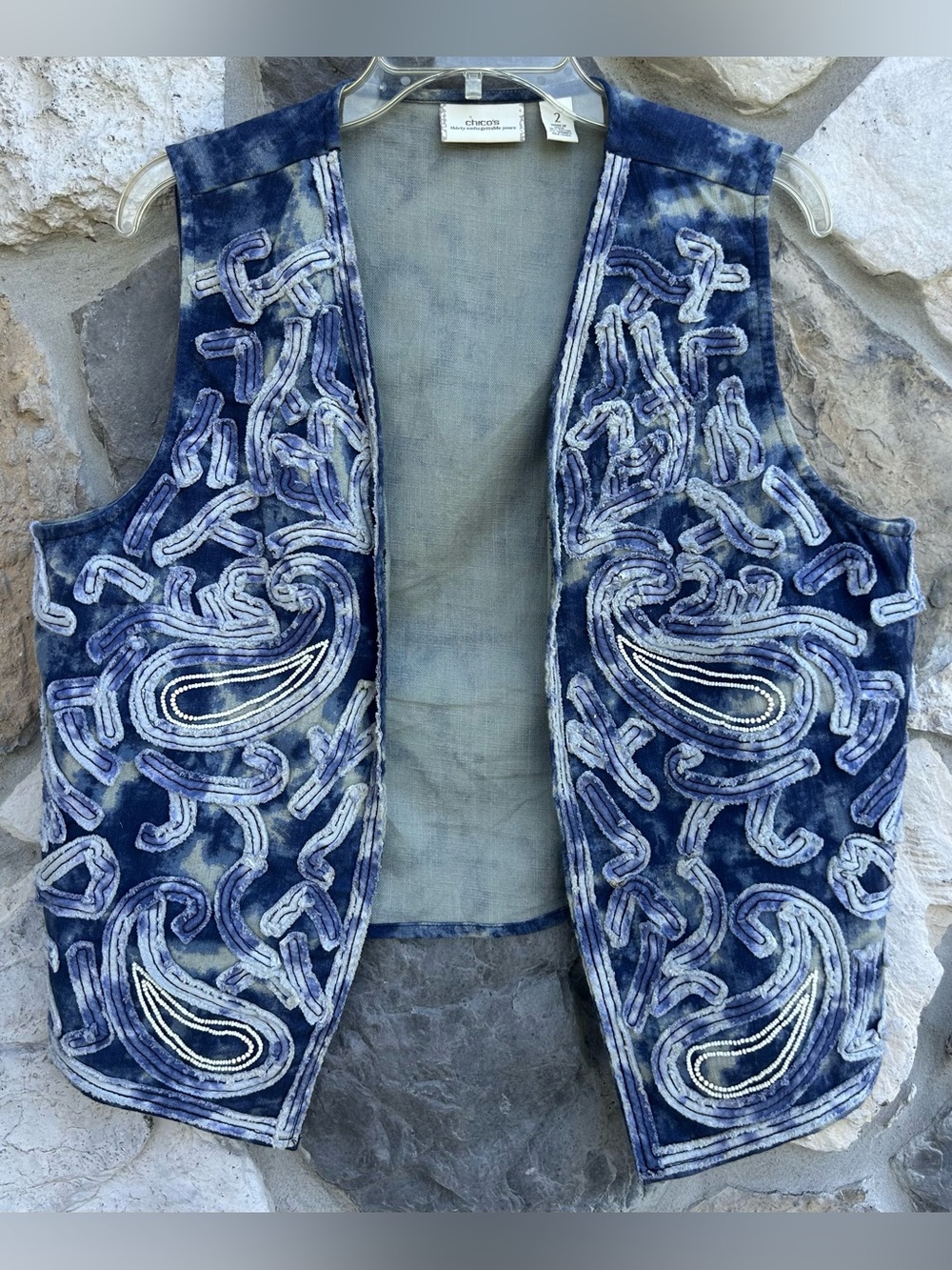 Chico's Vest Size 2 (LG) Textured Beaded Denim Western Boho Chic Artsy Statement
